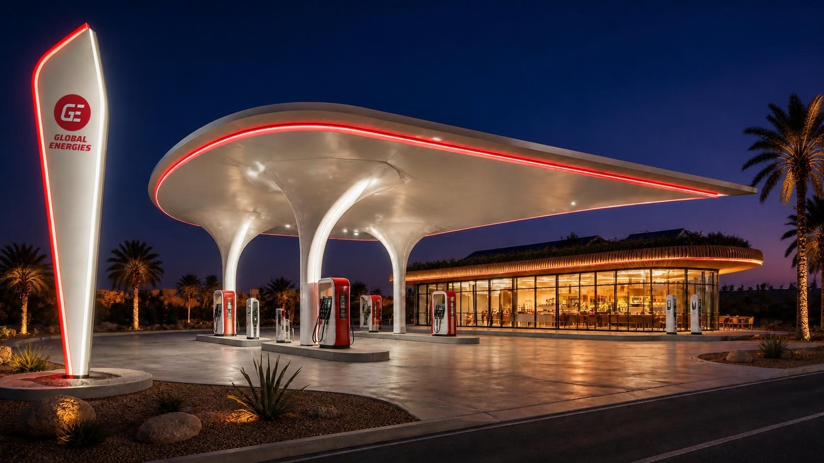 Rendu de concept d'une station Global Energies, de nuit